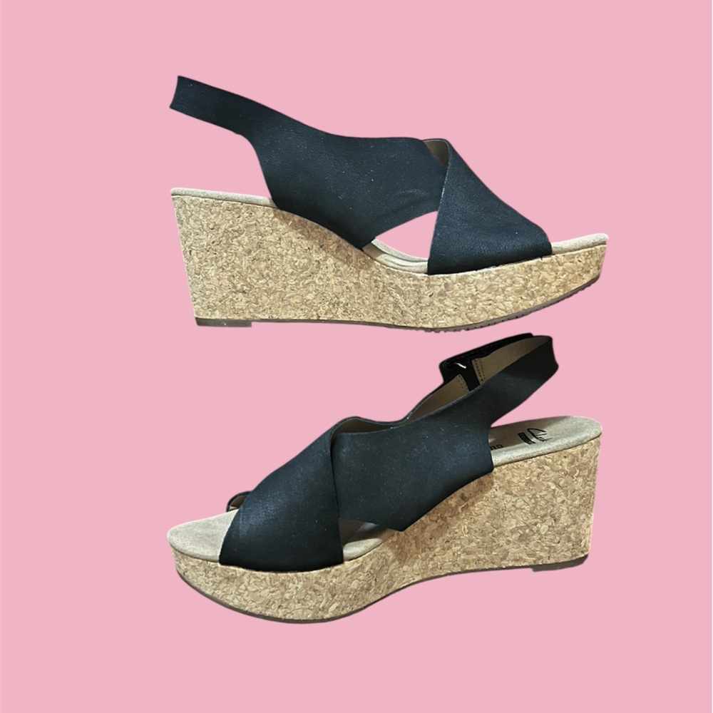 Clarks Black and Tan wedge cork Sandals